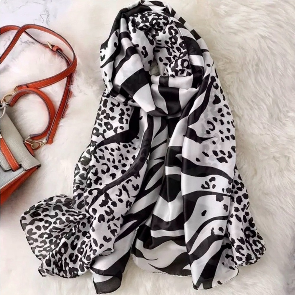 Elegant Black and White Animal Print silk Scarf